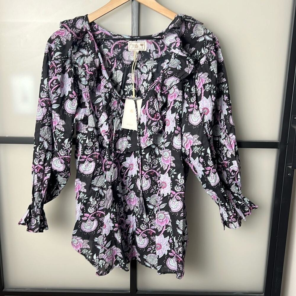 Women's Black Floral Ruffle Blouse - Pink & White Pattern